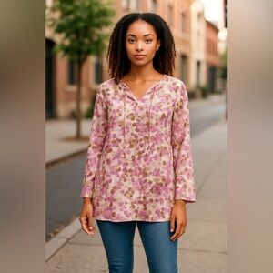 Loft Cotton Silk Blend Purple/Brown Printed L/S Blouse